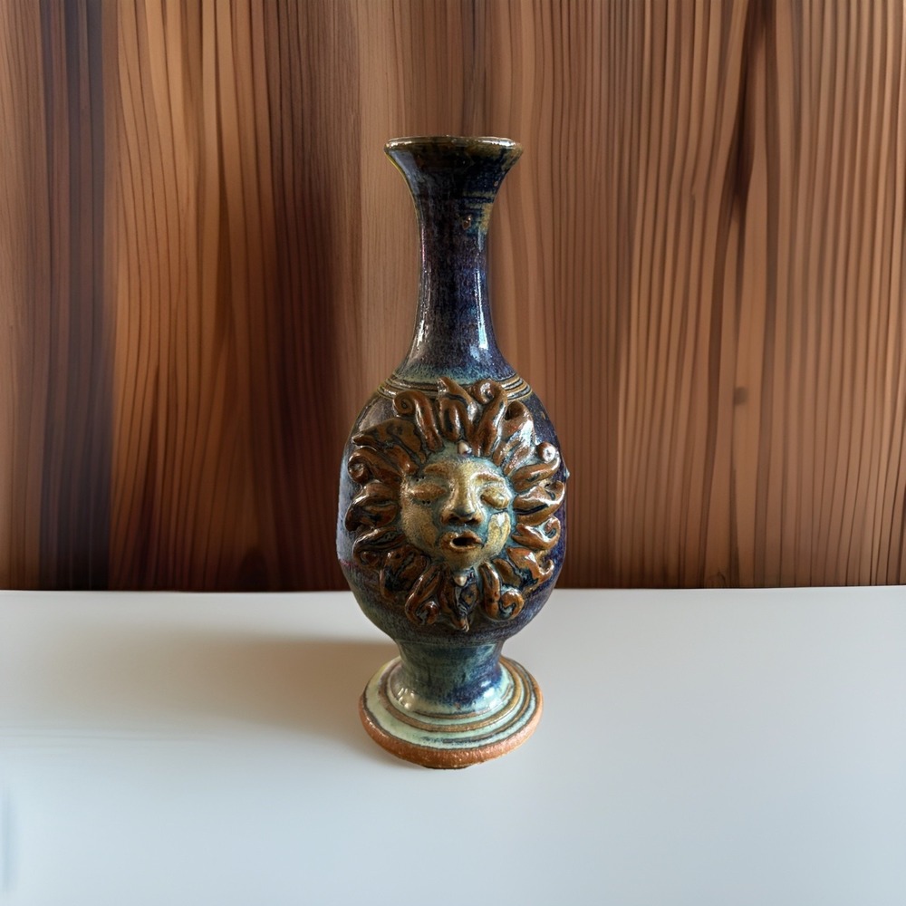 Vtg Art Nouveau Revival Blue Glazed Stoneware Vase Raised Sun Face Celestial 7.5